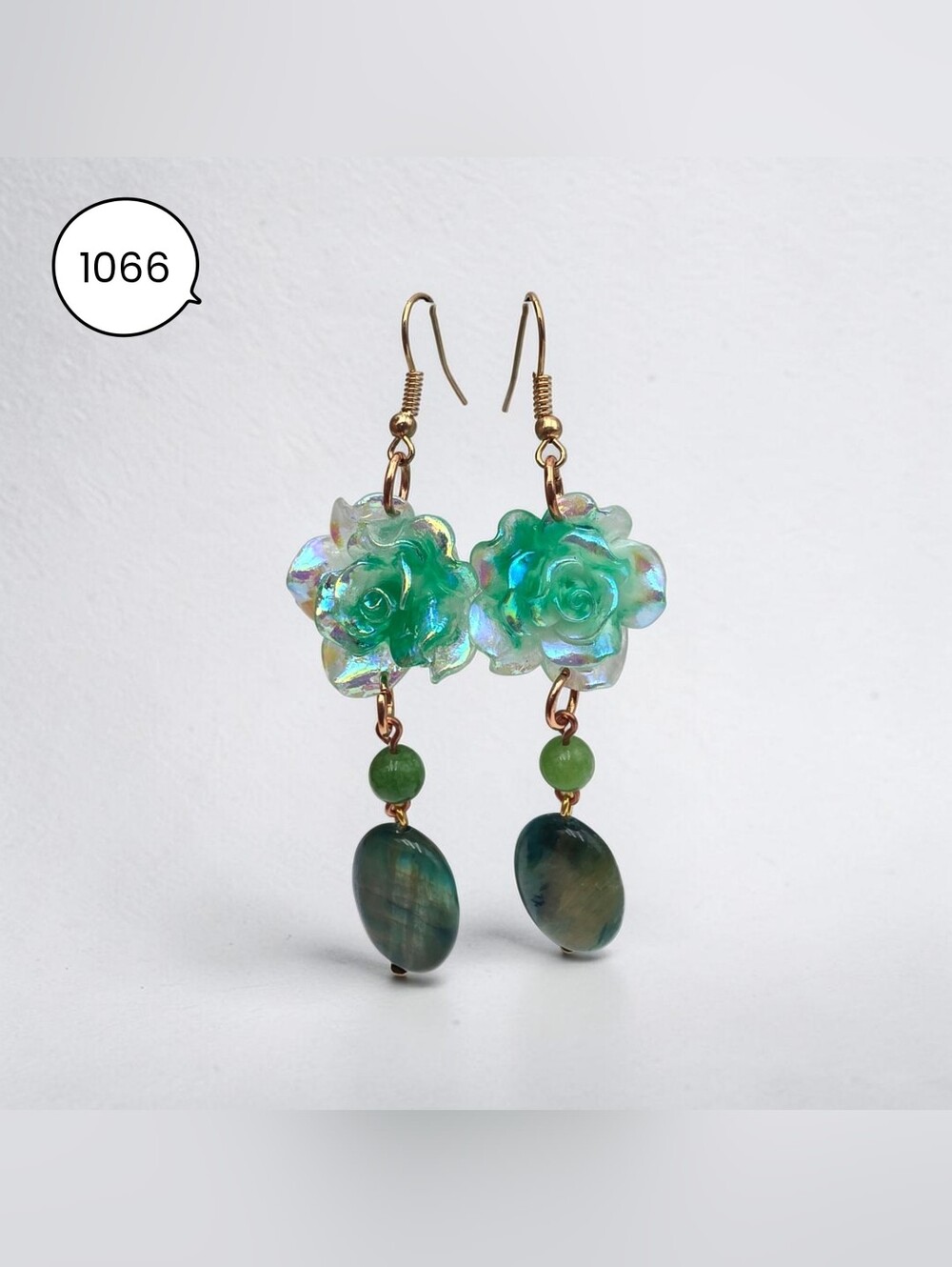 Handmade Iridescent Green Flower Drop Earrings with Green Jasper Stone - Picture 2 of 5